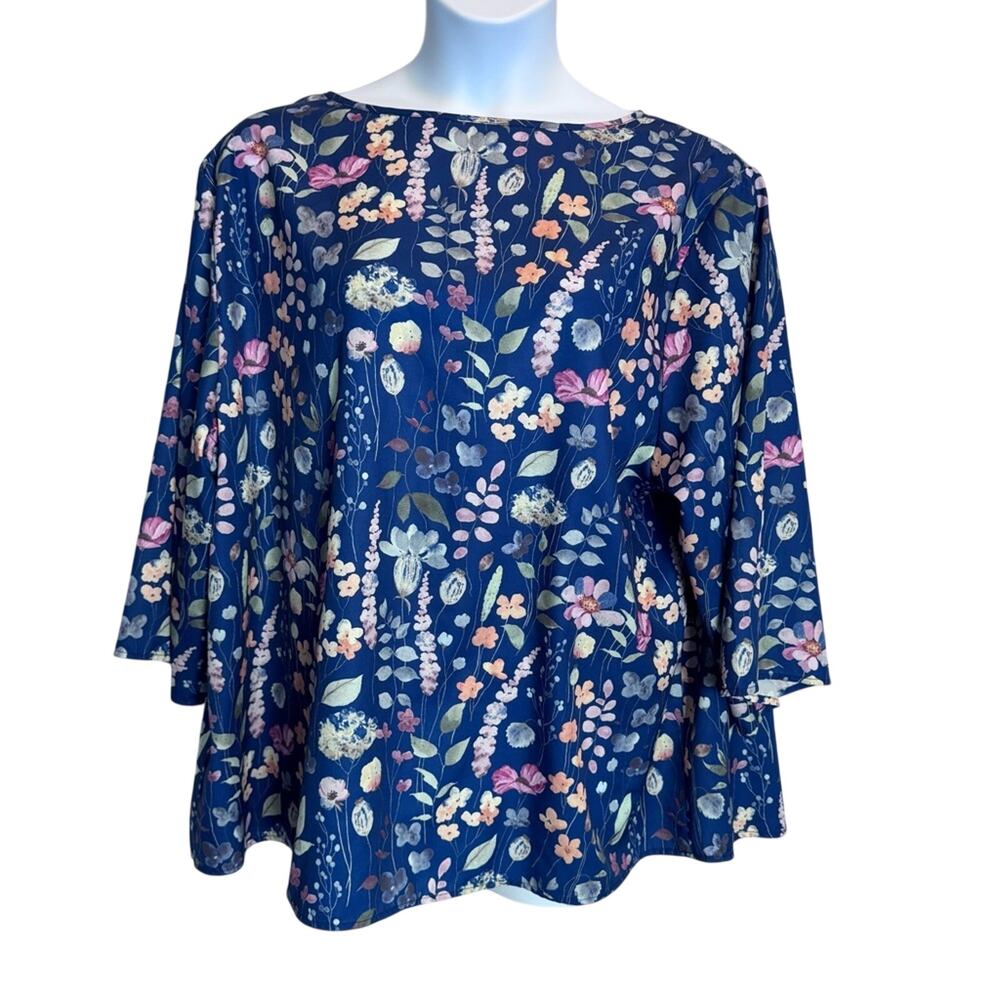 Emery Rose 3XL Navy Floral Blouse 3/4 Sleeve Plus Size Boho Top